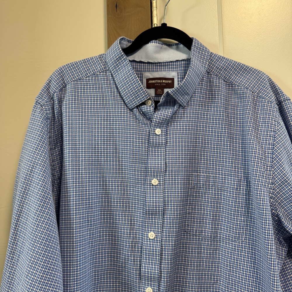 Johnston & Murphy Men Herringbone Cotton White Blue Dress Shirt Button Down XXL